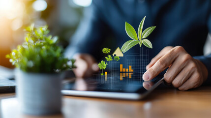 Poster - person interacts with tablet displaying digital graphs and green plant icons, symbolizing sustainable growth and technology. potted plant is in foreground, enhancing eco friendly theme