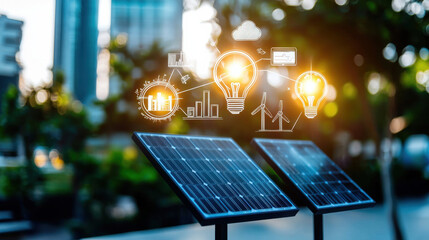Poster - Solar panels in garden setting with digital icons representing renewable energy and sustainability. image conveys innovation and eco friendly technology