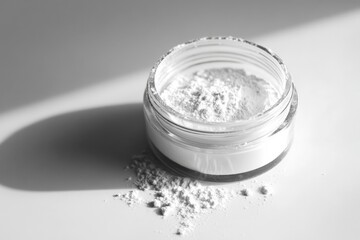 Aufkleber - Powder in a glass jar with some spilled on a smooth surface in a bright, minimalistic setting