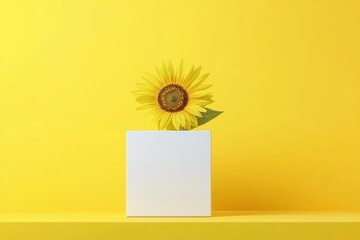 Poster - Bright sunflower in a white pot against a vibrant yellow background showcasing cheerful colors and simplicity