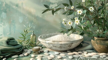 a spa setting with an array of small white rocks, green towels