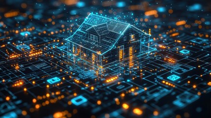 Futuristic cyber wireframe architecture with digital hologram blueprint and abstract 3D structure  Innovative high tech city design smart data network and engineering concept