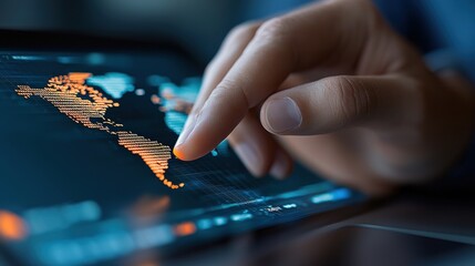 Wall Mural - close up of a human hand using fingers to navigate and explore a digital world map displayed on the 