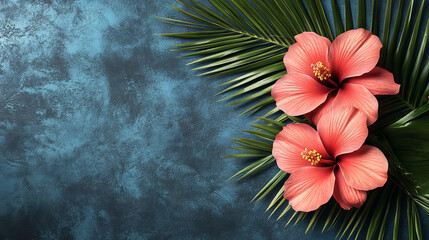 Wall Mural - beautiful hibiscus flowers with green leaves
