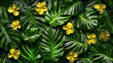 Wall Mural - vibrant green leaves with yellow flowers create tropical feel