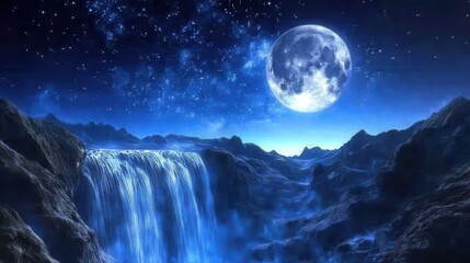 a peaceful mountaintop view with luminous waterfalls, full moon casting soft light over star fields