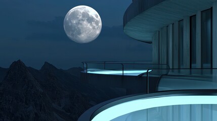 Wall Mural - a futuristic observatory with glass floors above glowing waterfalls, full moon in perfect view