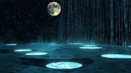 Wall Mural - a surreal sculpture garden floating above glowing waterfalls, full moon high and stars rotating in p