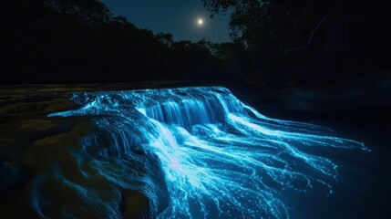 Wall Mural - a magical river with glowing waterfalls under the stars, full moon casting luminous beams over the s