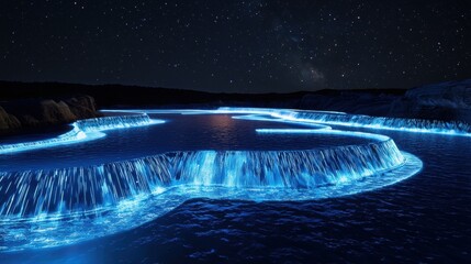 Wall Mural - a magical river with glowing waterfalls under the stars, full moon casting luminous beams over the s