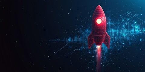 Wall Mural - red polygonal rocket launching into a digital cosmos