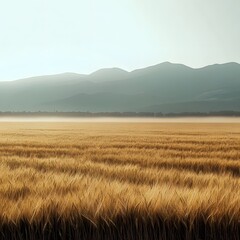 Fototapete - Vast undulating fields of golden wheat border rugged snow capped mountains on a hazy atmospheric day with contemporary cinematic lighting adding a moody evocative ambiance to the tranquil