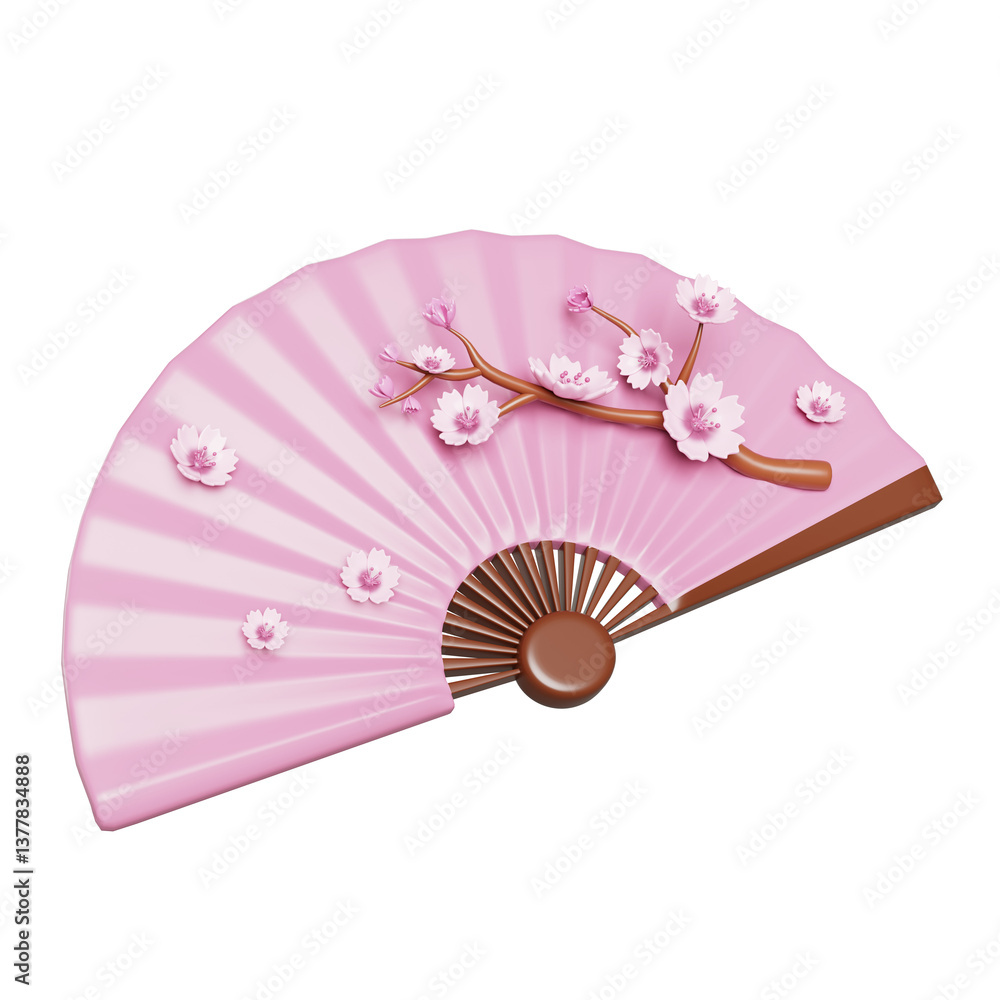 3d japanese hand fan with sakura branch. Pink silk geisha accessory,  traditional asian folding fan with cherry blossom or spring flower pattern  for oriental dance. Cartoon render icon Stock Illustration | Adobe, image size:1000x1000