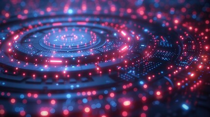 Futuristic abstract tech circular light pattern in red and blue with bokeh effect