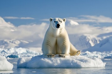 polar bear resting on ice floe in arctic landscape under blue sky