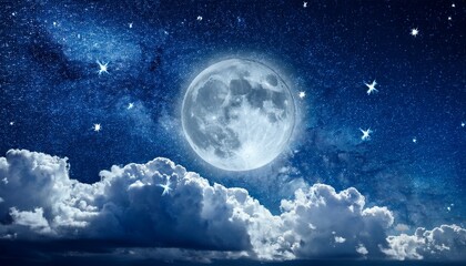 Wall Mural - full moon night sky with stars moon and clouds blue sky