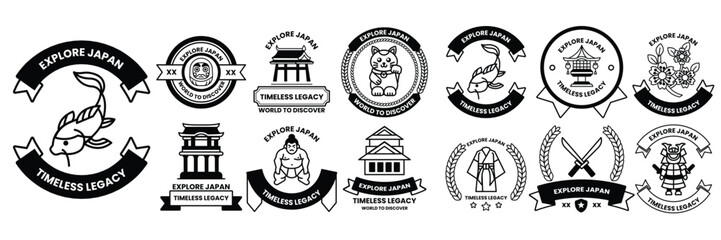 Wall Mural - set of illustrations in the concept of japanese culture in a line drawing style
