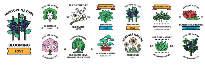 Wall Mural - set of illustrations in the concept of flowers and trees in line drawing style