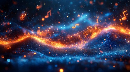 Wall Mural - a blue and orange wave with musical notes in the background. blue background with musical notes and 