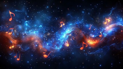 Wall Mural - a colorful, musical galaxy with many notes and stars. blue background with musical notes and symbols