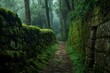 © El Media - Walking Stone Path Through Misty Forest with Mossy Walls and Trees