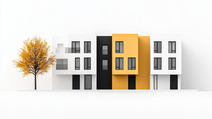 Aufkleber - row of minimalist buildings with modern design features striking yellow facade, contrasting with black and white elements, alongside tree with autumn leaves