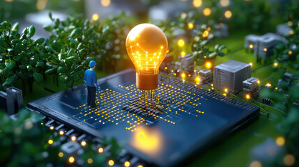Leinwandbilder - miniature figure stands on microchip surrounded by greenery, observing glowing light bulb symbolizing innovation and technology. scene blends nature with digital elements