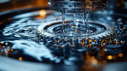 Leinwandbilder - high resolution image captures mechanical water pump in action, with water flowing dynamically over intricate gears. scene is illuminated, highlighting metallic textures and fluid motion