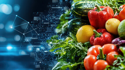 Aufkleber - vibrant display of fresh produce, including peppers, lemons, and cucumbers, is juxtaposed with digital interface, symbolizing intersection of agriculture and technology