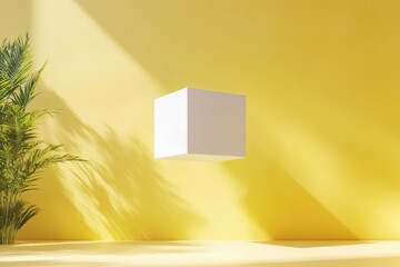 Fototapete - Floating white cube in a bright yellow room with natural light and green plant