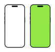 © Hanna - Set of smartphones. Mobile phone with green screen mockup. Gadget flat symbol. Device front view minimal icon. Simple sign for website design, ui, mobile apps. Blank smart phone screen frame templates