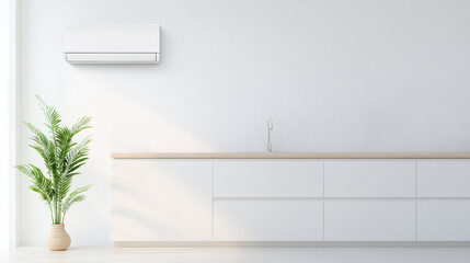 Poster - Minimalist kitchen interior with white cabinets, wooden countertop, potted plant, and wall mounted air conditioner, creating serene atmosphere