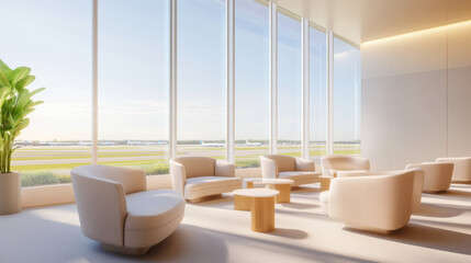 Aufkleber - Bright and modern lounge area with large floor to ceiling windows, cozy beige armchairs, wooden tables, and green potted plant, offering serene