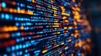 Abstract digital code stream, glowing orange and blue binary data.