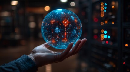 Close-up of a man's hand holding a blue, glowing, futuristic energy sphere with holographic symbols.