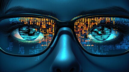 Programmer wearing glasses, code lines reflecting in lenses, revealing technological immersion and digital connectivity