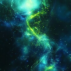 abstract swirling nebula cosmic art glowing vibrant green blue light energy particles