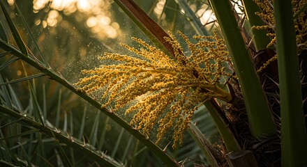 AI-generated illustration of a palm tree branch with yellow flowers and sunlit bokeh background