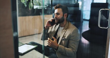 Fototapete - Business, phone call and smile with man in office for communication, planning or privacy cubicle. Conversation, corporate and tablet with employee in pod at workplace for mobile negotiation or update