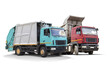 © Anoo - Two isolated construction vehicles are parked, one turquoise and one red. Both trucks are designed for waste transport and display sturdy features.