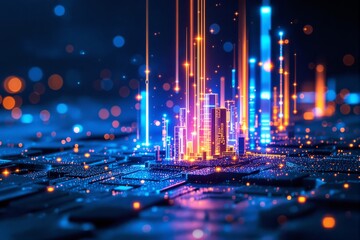 Sticker - futuristic glowing digital cityscape with neon lights on a circuit board background.