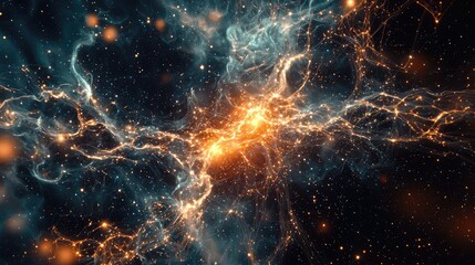 Wall Mural - A neural network simulation where algorithms are represented as moving particles in a cosmic space.