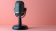 © Pixel Chaser  - Sleek black microphone with a wavy background, standing on a peach-colored surface, ideal for music and podcast production visuals.