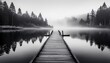 © Milla - serene black and white landscape of a misty forest lake with a wooden dock tranquil monochrome nature scene with reflections and fog