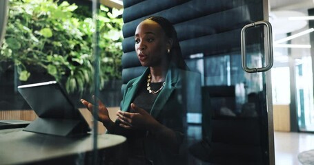 Poster - Video call, office and business black woman on laptop in cubicle for private meeting, discussion or virtual chat. Corporate, workspace pod and person on computer for talking, communication or webinar