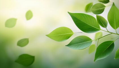 Wall Mural - fresh green leaves floating gracefully against a soft pale background creating a serene and natural atmosphere