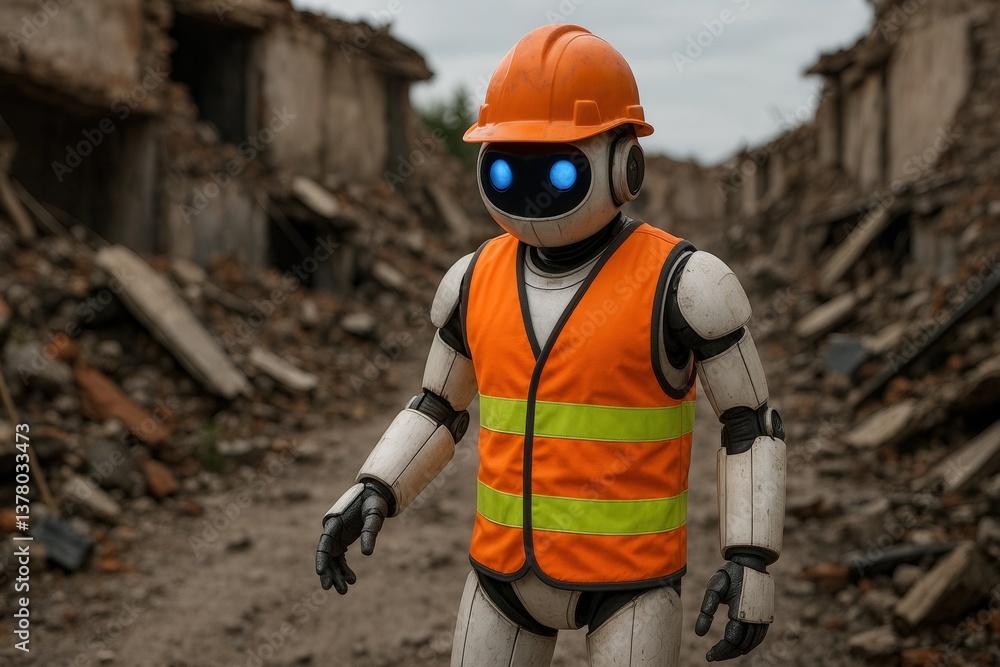 Humanoid rescue robots operating among earthquake debris, supporting ...