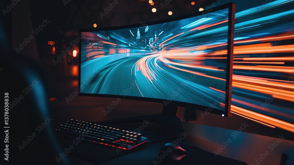 Ultra-wide curved gaming monitor with dynamic RGB lighting displaying ...