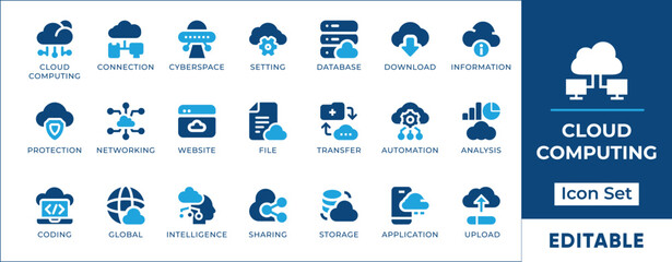 Minimalist cloud computing icon set featuring cloud storage, data security, server hosting, networking, cloud infrastructure, cloud applications, SaaS, IoT, and digital transformation.