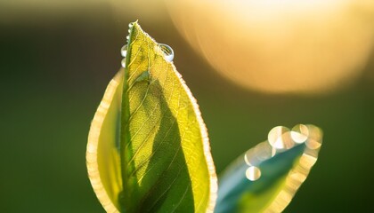 Wall Mural - extreme close up of a fresh green leaf bud unfurling in the golden morning sunlight tiny water droplets cling to the delicate edges reflecting the vibrant colors of spring